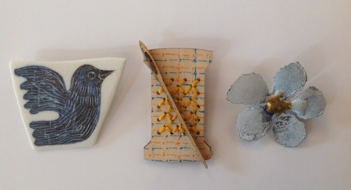 Ceramic, wood and thread and scrap metal brooches